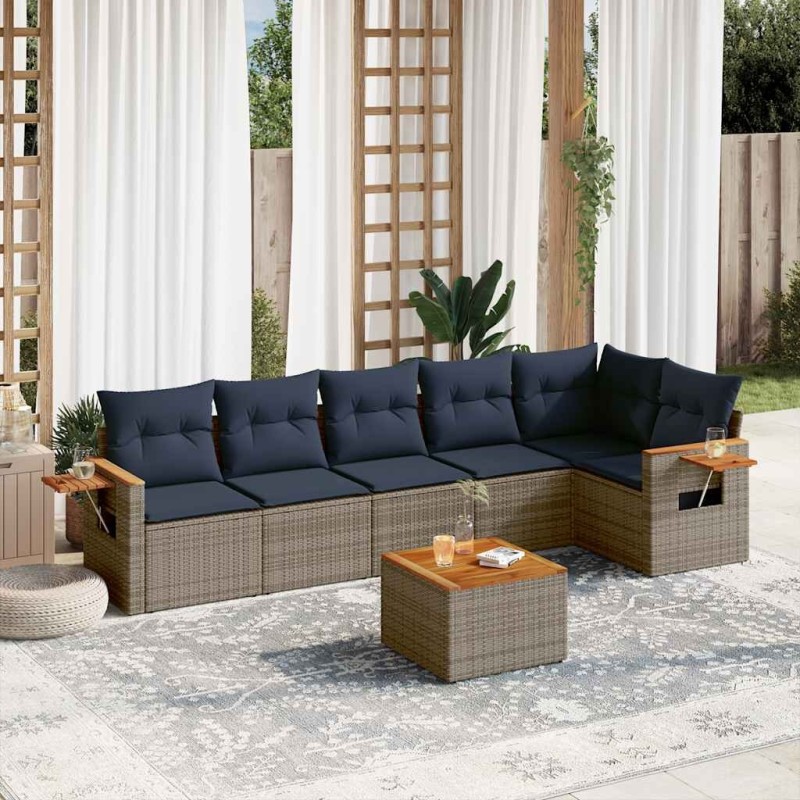 Salon de jardin 7 pcs avec coussins gris résine tressée 637229637229