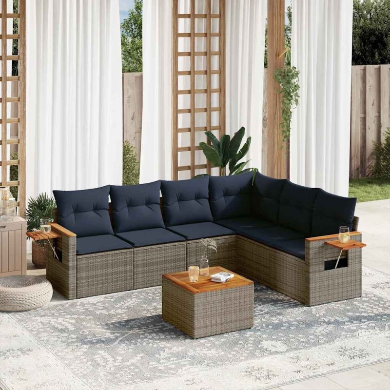 Salon de jardin 7 pcs avec coussins gris résine tressée 637233637233
