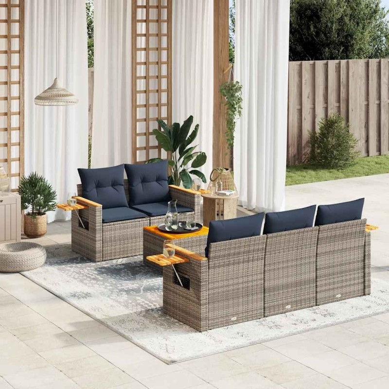 Salon de jardin 6 pcs avec coussins gris résine tressée 637273637273