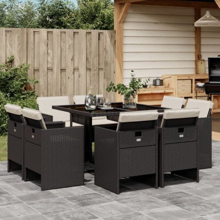 Ensemble à manger de jardin 9pcs coussins noir résine tressée 637377637377