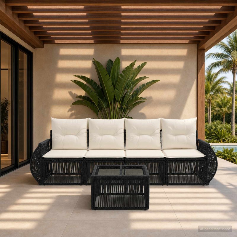 Ensemble de canapé de jardin 5 pcs Noir et blanc crème 637504637504