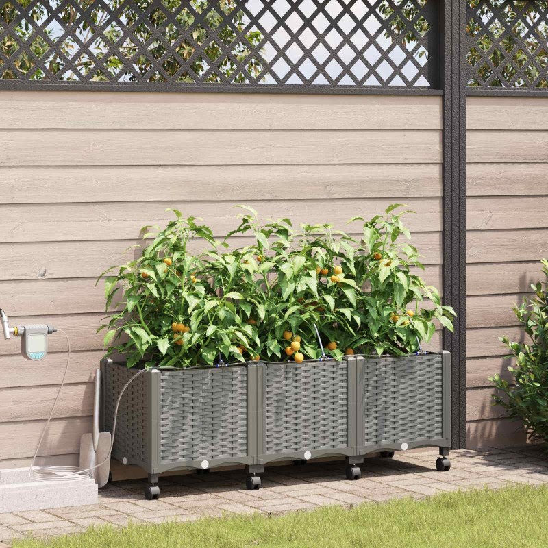 Porte-plante de jardin avec irrigation et roues 3 pc Gris clair 637563637563