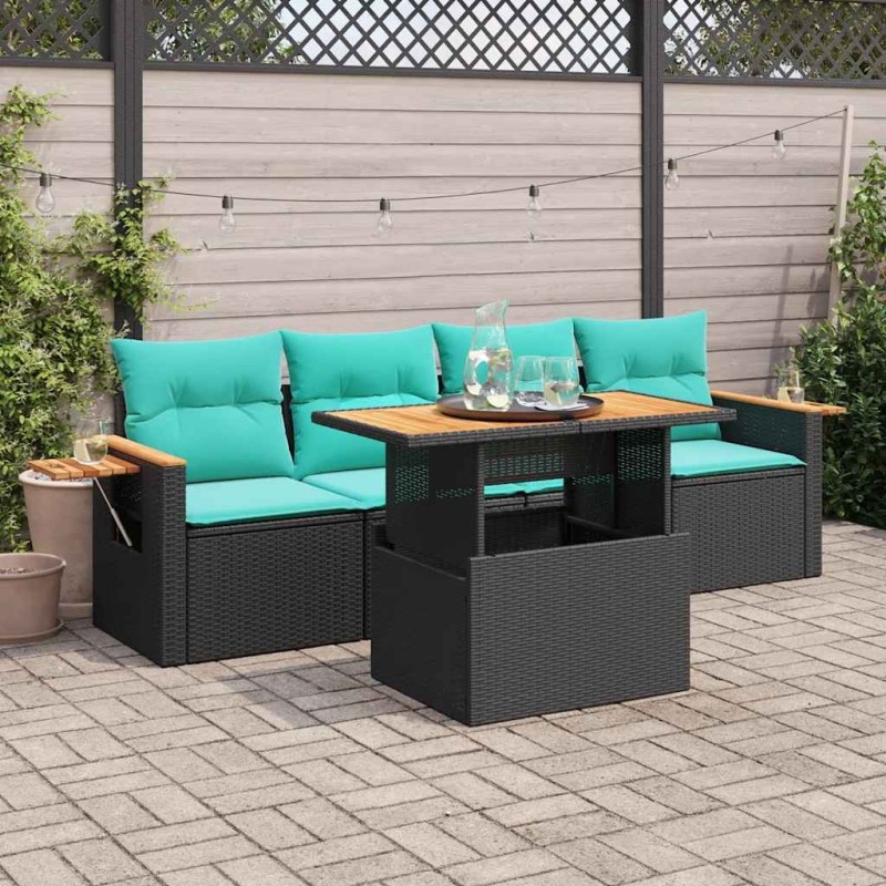 Salon de jardin 5 pcs avec coussins noir résine tressée 637605637605