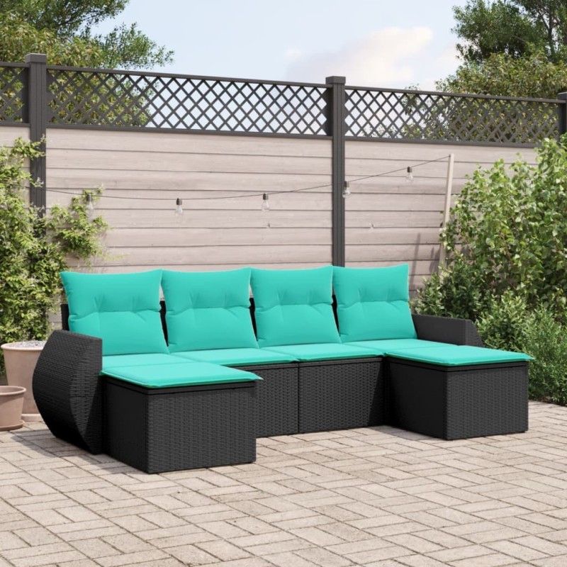 Salon de jardin 6 pcs avec coussins noir résine tressée 637712637712
