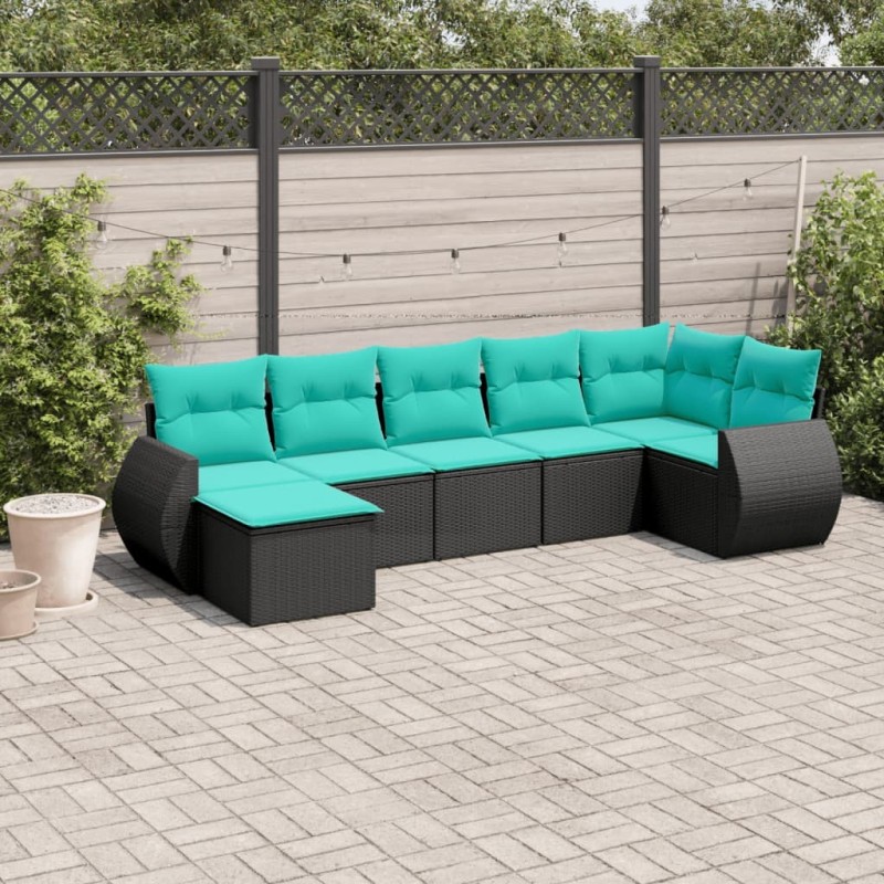 Salon de jardin 7 pcs avec coussins noir résine tressée 637715637715