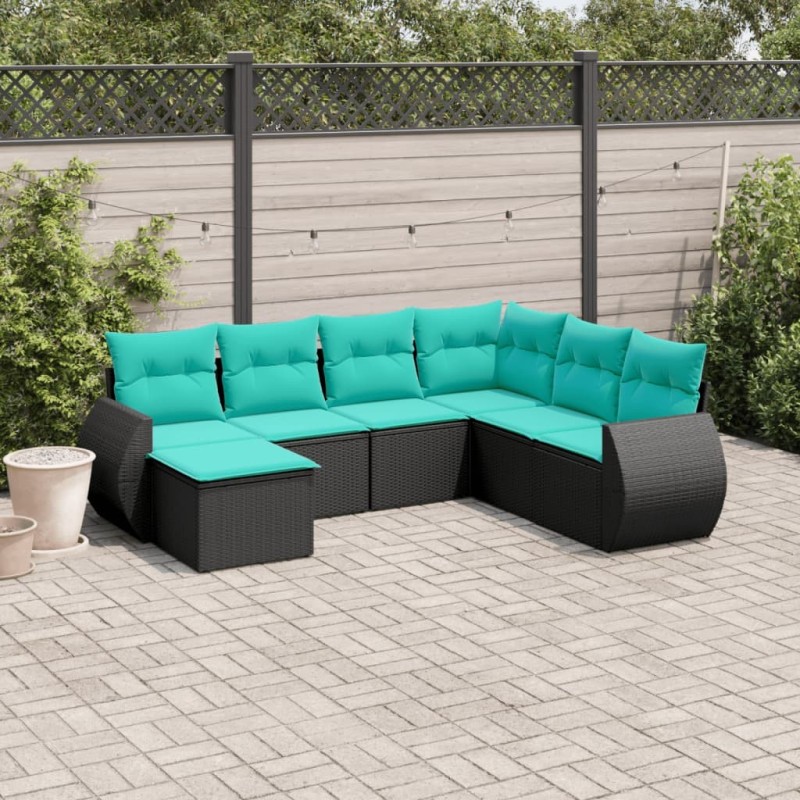 Salon de jardin 7 pcs avec coussins noir résine tressée 637717637717