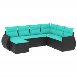 Salon de jardin 7 pcs avec coussins noir résine tressée 637717637717