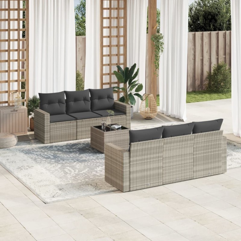 Salon de jardin avec coussins 7 pcs gris clair résine tressée 637719637719