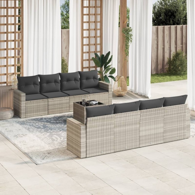 Salon de jardin 9 pcs avec coussins gris clair résine tressée 637790637790