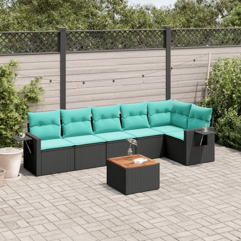 Ensemble de canapé de jardin 7 pcs avec coussins noir résine tressée 637815637815