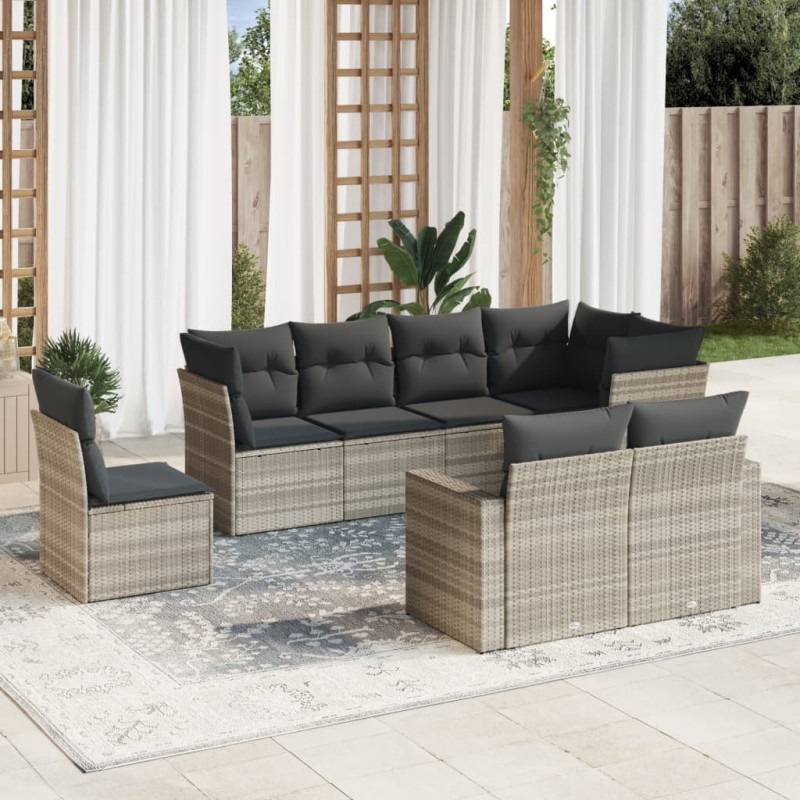 Salon de jardin 8 pcs avec coussins gris clair résine tressée 637861637861