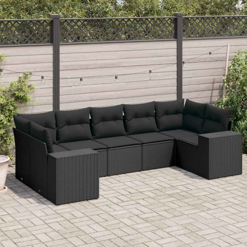 Salon de jardin 7 pcs avec coussins noir résine tressée 637970637970