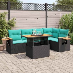 Salon de jardin 6 pcs avec coussins noir résine tressée acacia 638192638192