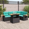 Salon de jardin 6 pcs avec coussins noir résine tressée acacia 638192638192