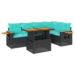Salon de jardin 6 pcs avec coussins noir résine tressée acacia 638192638192