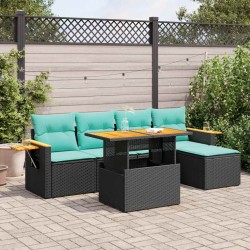 Salon de jardin 6 pcs avec coussins noir résine tressée acacia 638193638193