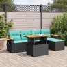 Salon de jardin 6 pcs avec coussins noir résine tressée acacia 638193638193