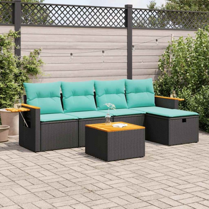 Salon de jardin 6 pcs avec coussins noir résine tressée 638194638194