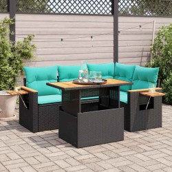 Salon de jardin 5 pcs avec coussins noir résine tressée acacia 638196638196