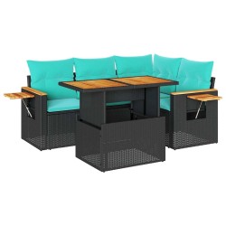 Salon de jardin 5 pcs avec coussins noir résine tressée acacia 638196638196