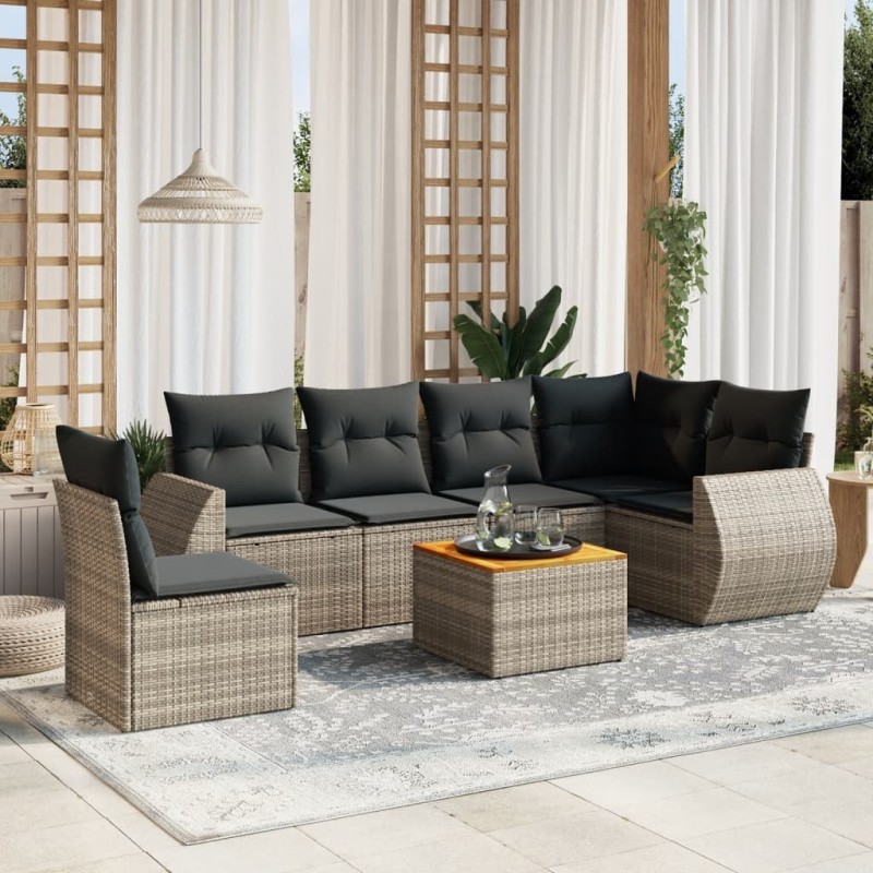 Salon de jardin avec coussins 7 pcs gris résine tressée 638237638237