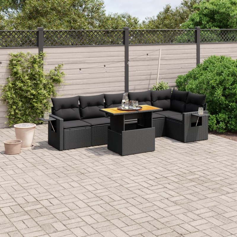 Salon de jardin 7 pcs avec coussins noir résine tressée 638247638247