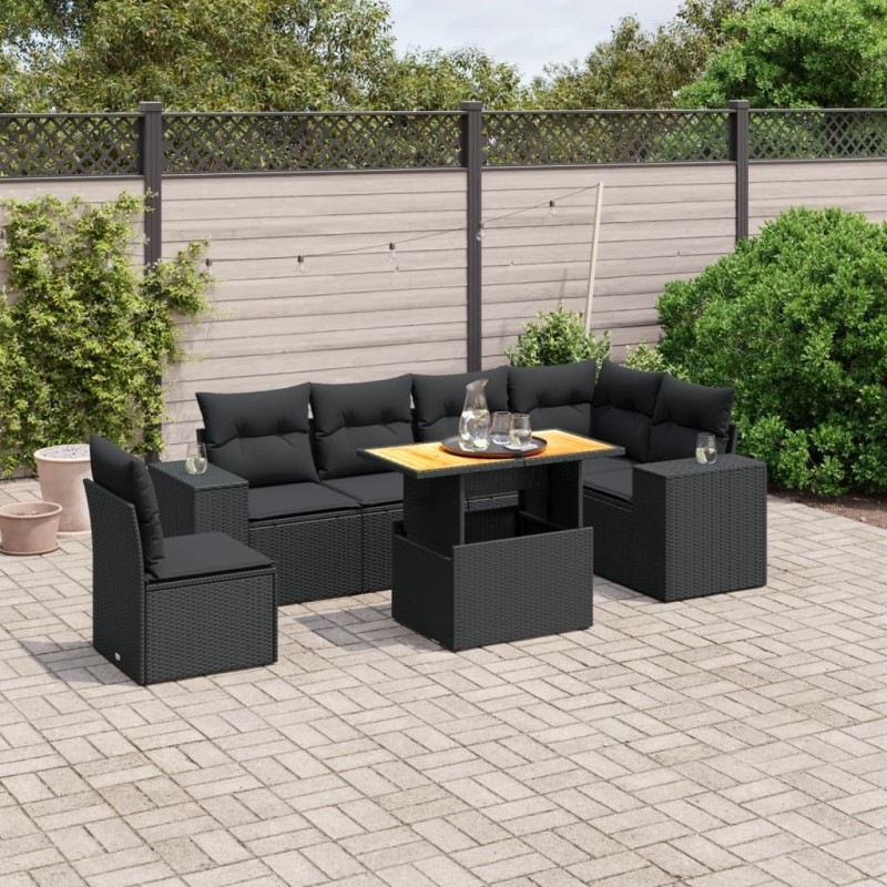 Salon de jardin 7 pcs avec coussins noir résine tressée 638249638249
