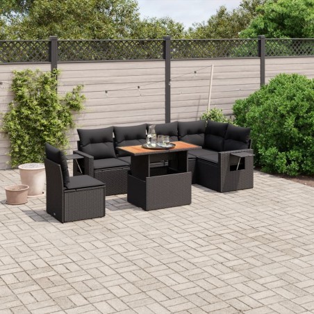 Salon de jardin 7 pcs avec coussins noir résine tressée 638258638258