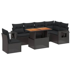 Salon de jardin 7 pcs avec coussins noir résine tressée 638258638258