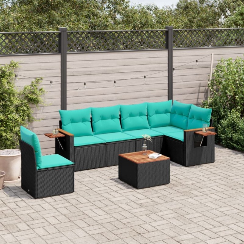 Salon de jardin 7 pcs avec coussins noir résine tressée 638295638295