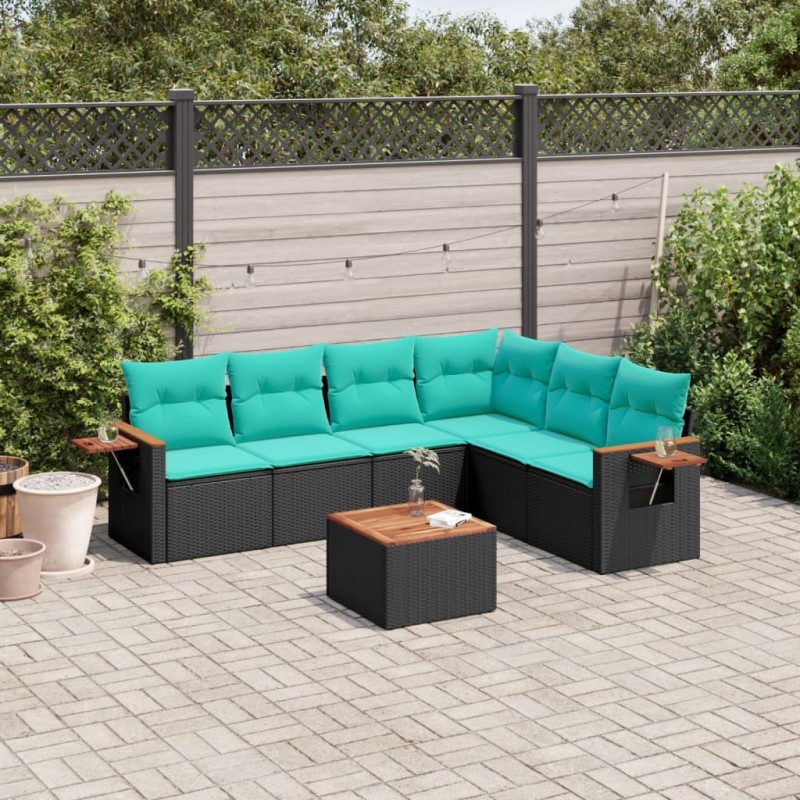Salon de jardin 7 pcs avec coussins noir résine tressée 638296638296