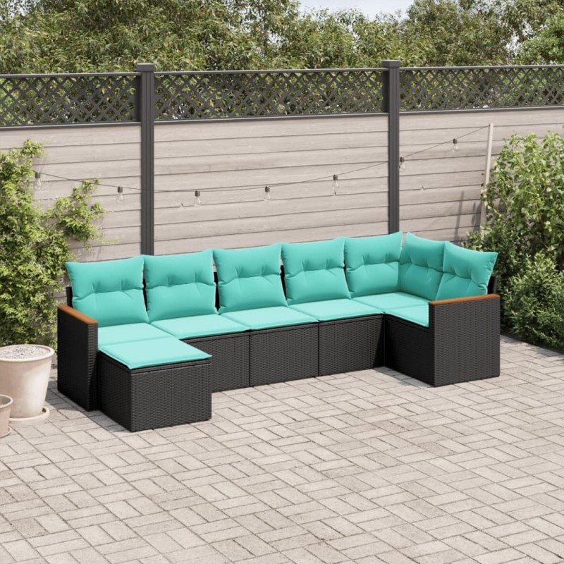 Salon de jardin 7 pcs avec coussins noir résine tressée 638302638302