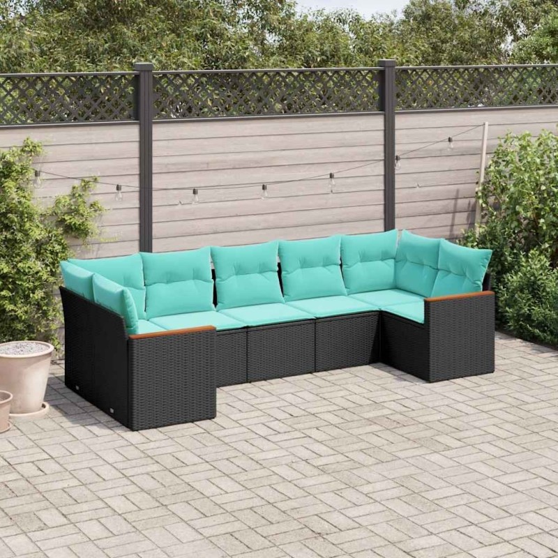 Salon de jardin 7 pcs avec coussins noir résine tressée 638314638314