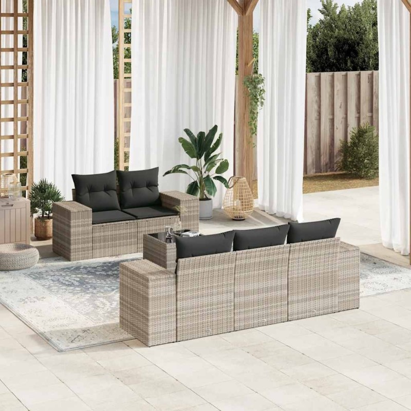 Salon de jardin 6 pcs avec coussins gris clair résine tressée 638322638322