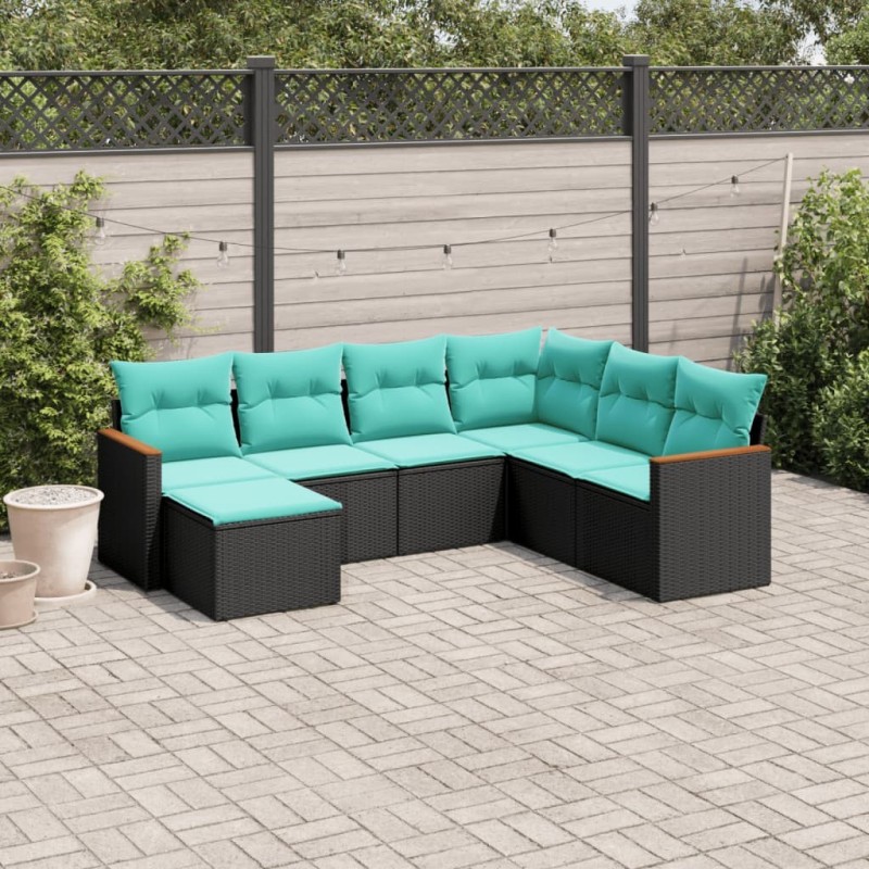 Salon de jardin 7 pcs avec coussins noir résine tressée 638326638326