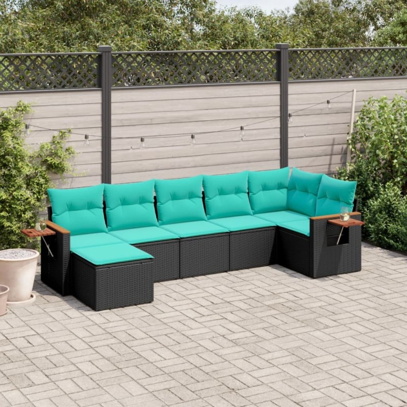 Salon de jardin 7 pcs avec coussins noir résine tressée 638334638334