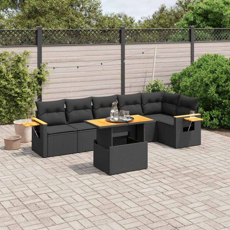 Salon de jardin 7 pcs avec coussins noir résine tressée 638415638415