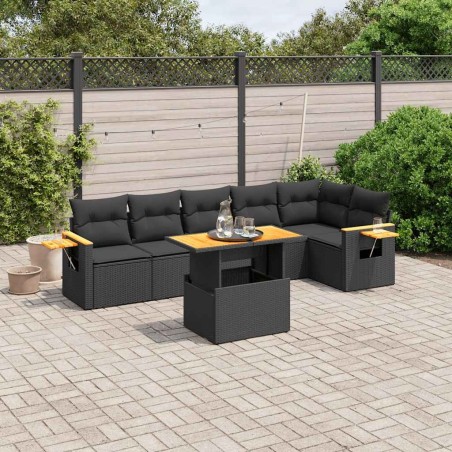 Salon de jardin 7 pcs avec coussins noir résine tressée 638415638415