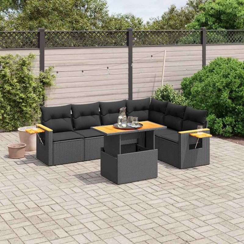 Salon de jardin 7 pcs avec coussins noir résine tressée 638535638535