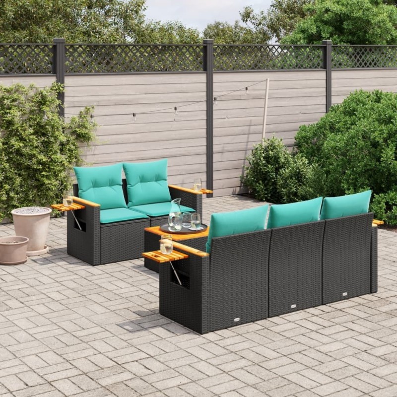 Salon de jardin 6 pcs avec coussins noir résine tressée 638620638620