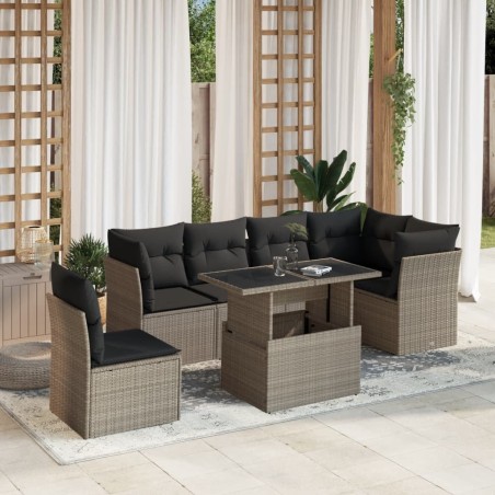 Salon de jardin avec coussins 7 pcs gris clair résine tressée 638629638629