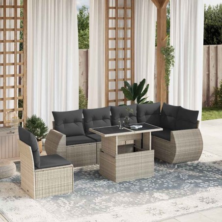 Salon de jardin avec coussins 7 pcs gris clair résine tressée 638631638631