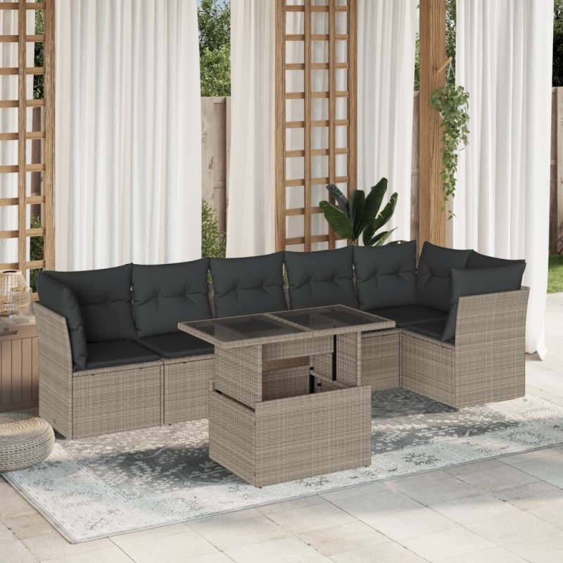 Salon de jardin avec coussins 7 pcs gris clair résine tressée 638637638637