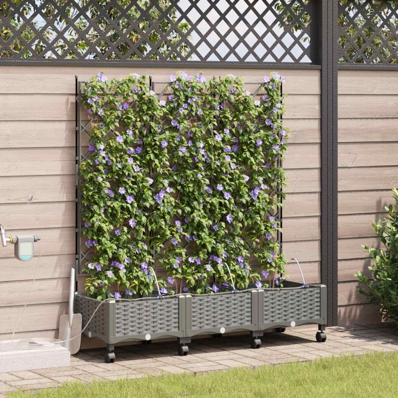 Porte-plante de jardin avec irrigation et roues 3 pc Gris clair 638785638785
