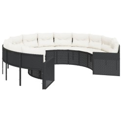 Canapé de jardin avec coussins rond noir résine tressée 638893638893