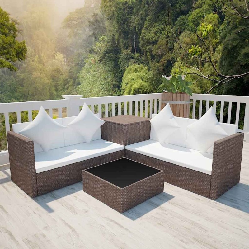 Salon de jardin 4 pcs avec coussins Résine tressée Marron 639004639004