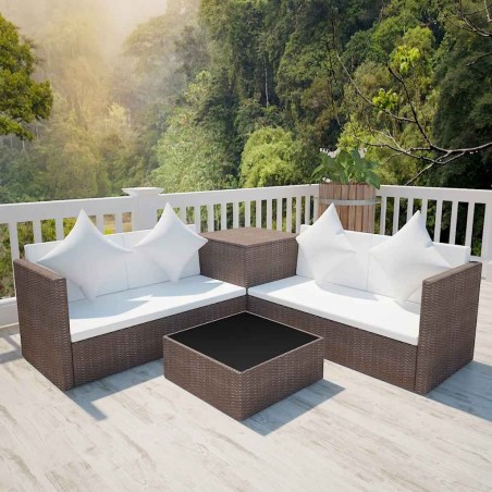 Salon de jardin 4 pcs avec coussins Résine tressée Marron 639004639004