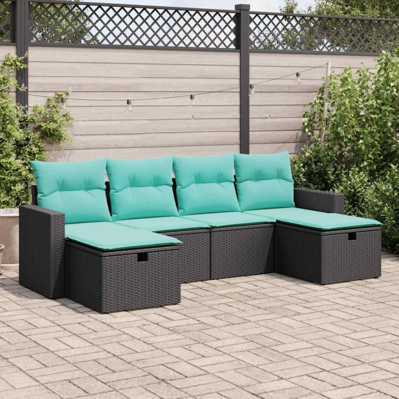 Salon de jardin 6 pcs avec coussins noir résine tressée 639043639043