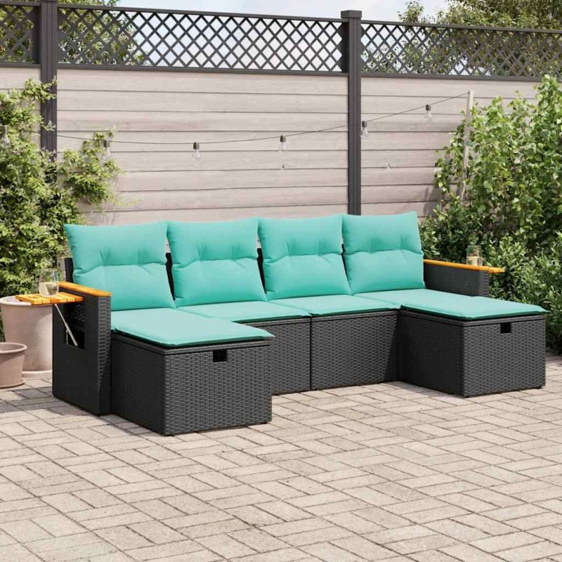 Salon de jardin 6 pcs avec coussins noir résine tressée 639044639044