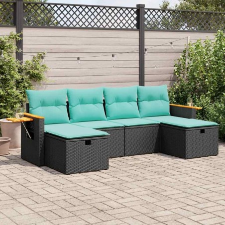 Salon de jardin 6 pcs avec coussins noir résine tressée 639044639044